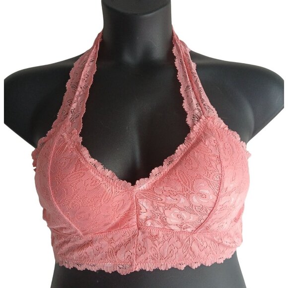 Zenana Outfitters Other - A-Shape  Wirefree Fine Intricate Peach Lace Halter Plunge Bralette Crop bra